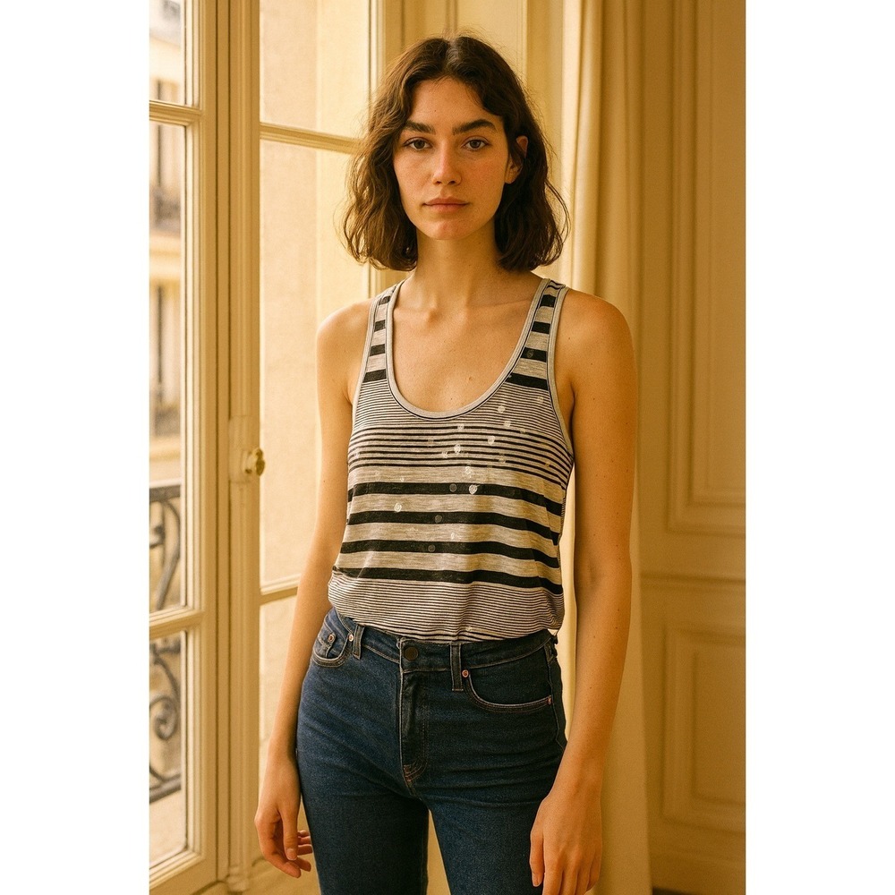Black & White Striped Tank Top Sequin Accents Sleeveless Casual